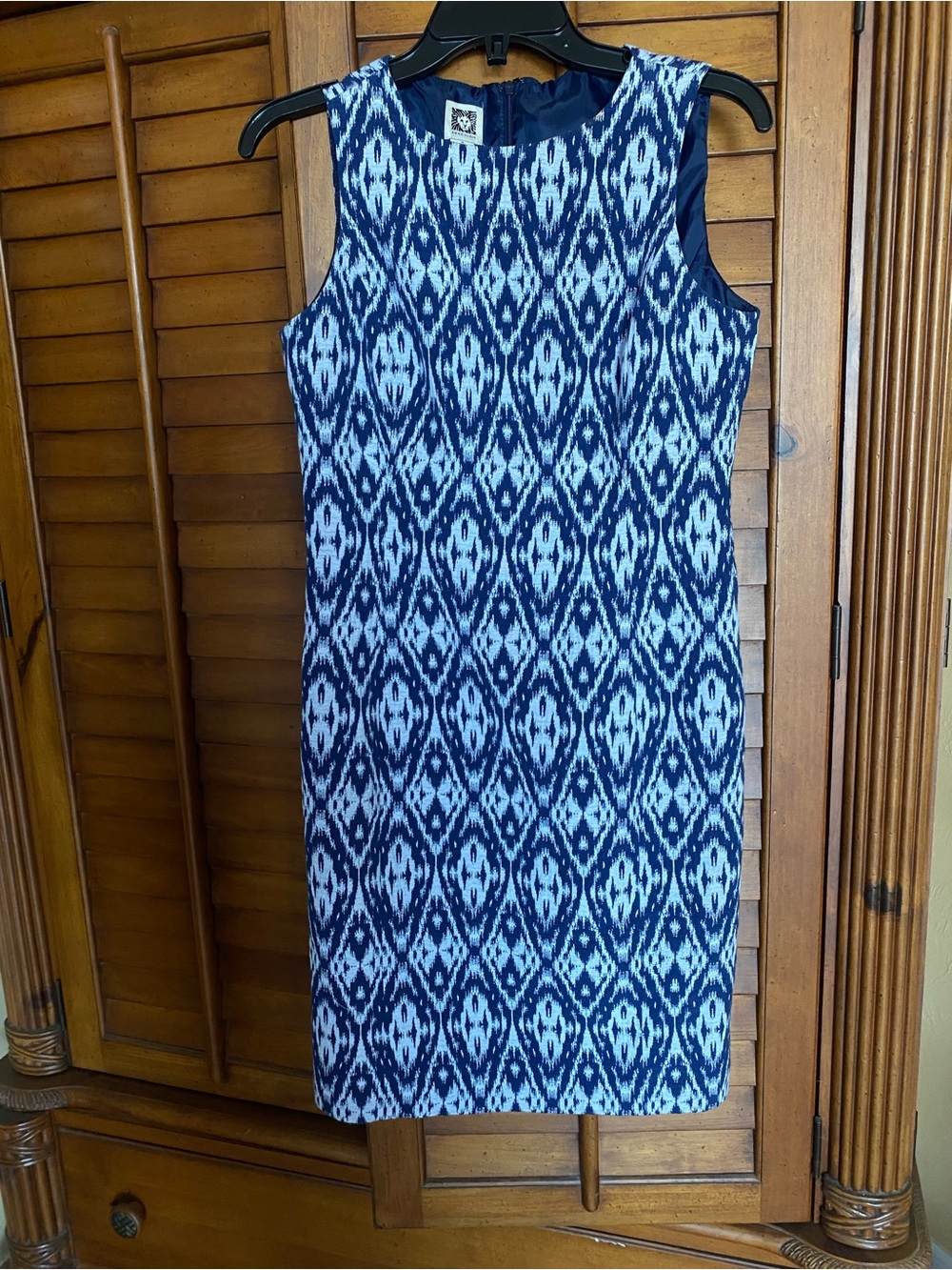 Anne Klein Navy and White Sleeveless Ikat Sheath Dress